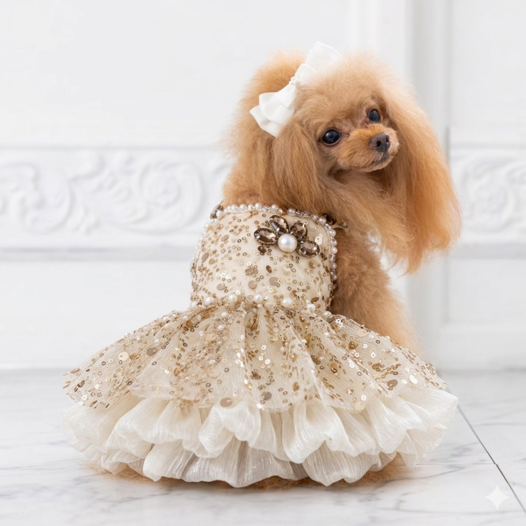 gold dog dress Luxury Sequin Princess Dress – Elegant Puppy Wedding Outfit with Pearl Detail L cat:Exclusive
