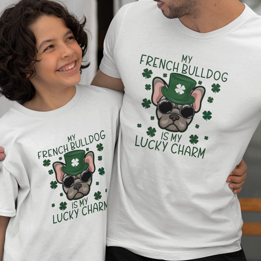 My French Bulldog Is my Lucky Charm Dad and Child Organic Cotton T-Shirts family Set (Set of 2)