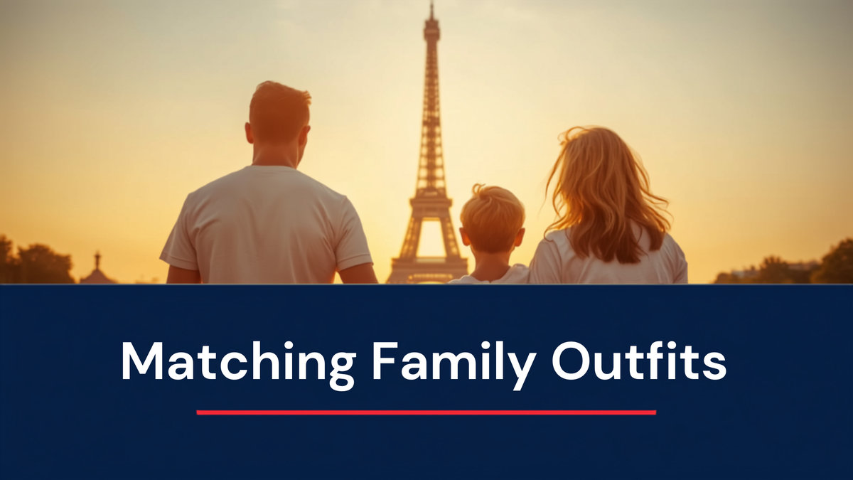 Family walking together at sunset with the Eiffel Tower in the background, wearing matching organic cotton outfits