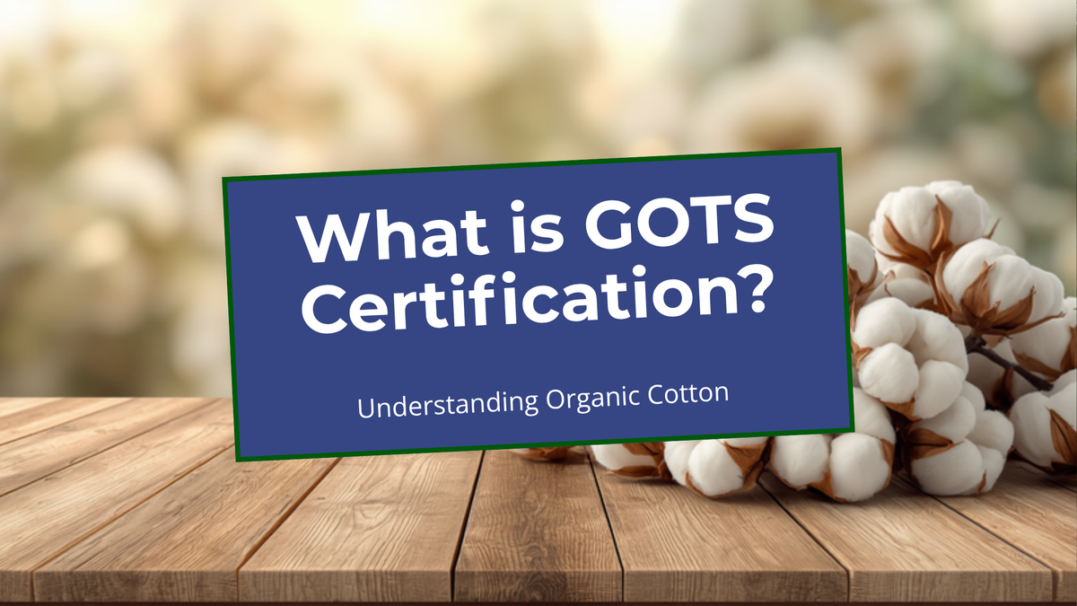 Blog header for What Does GOTS-Certified Mean, showing a navy title card next to cotton bolls on a wooden table