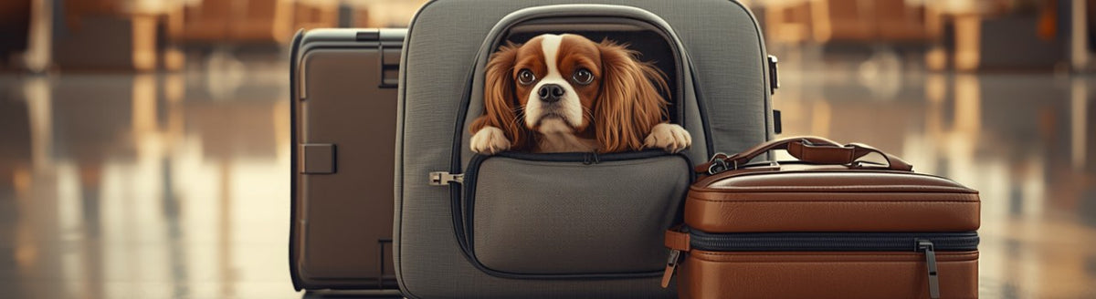 Cavalier King Charles Spaniel peeking out of a gray soft-sided rolling pet carrier in an airport terminal