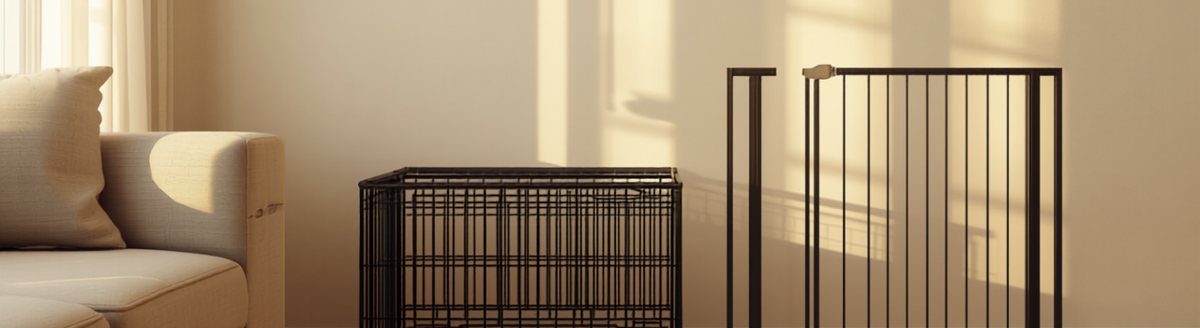 Compact folding pet crate and mesh gate in a small apartment living room