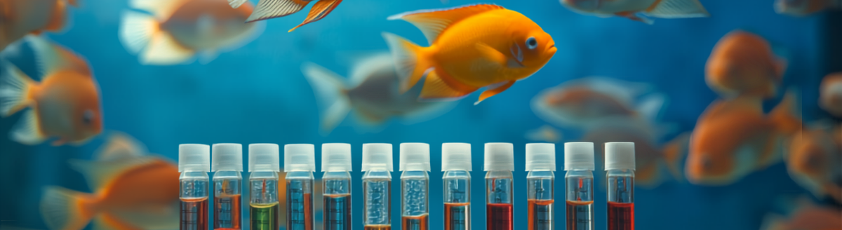 Freshwater aquarium with tropical fish and a water test kit