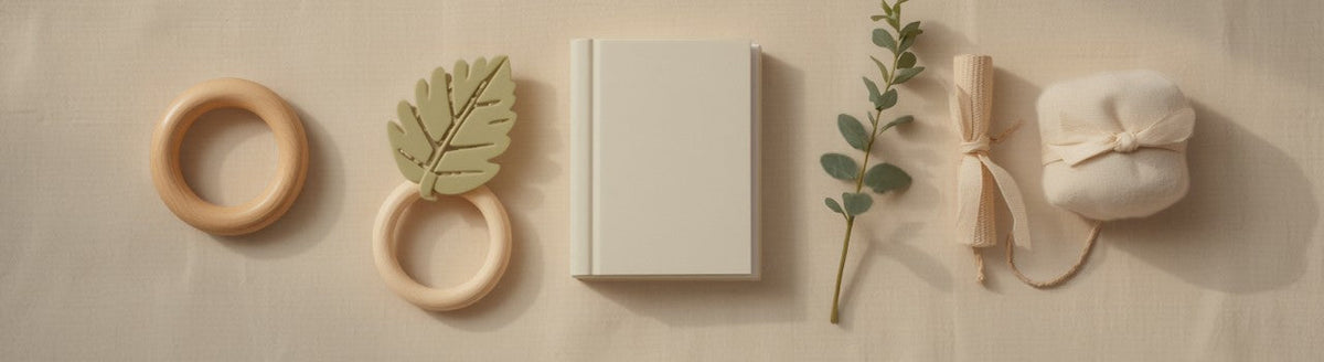 Flat-lay of baby gifts that are not clothes: wooden ring rattle, leaf teether, board book, eucalyptus, and a soft crinkle toy