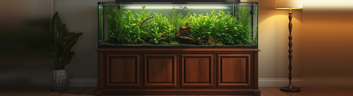 Large planted freshwater aquarium on a dark wood cabinet stand in a living room