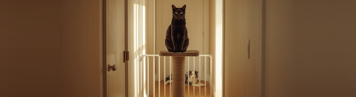 Black cat on a cat tree perch in front of a tall pet gate, with an Australian Shepherd resting on the other side