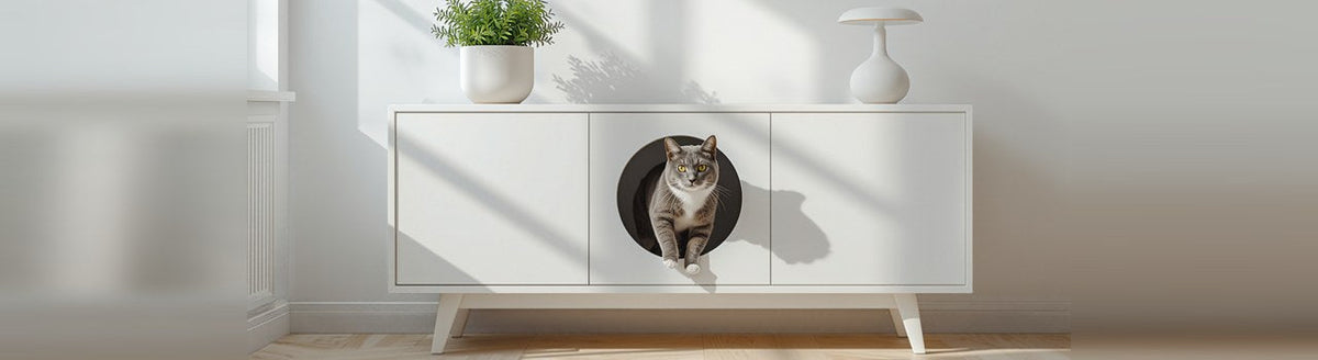 Gray and white cat stepping out of a round opening in a white litter box cabinet in a bright living room