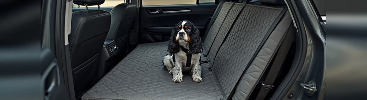 Cocker Spaniel in a harness sitting on a quilted back seat extender in an SUV