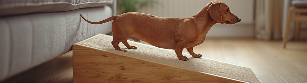 Red Dachshund walking up a carpeted wooden ramp beside a gray sofa