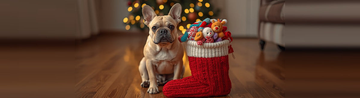 Fawn French Bulldog sitting beside a red knit Christmas stocking filled with dog toys