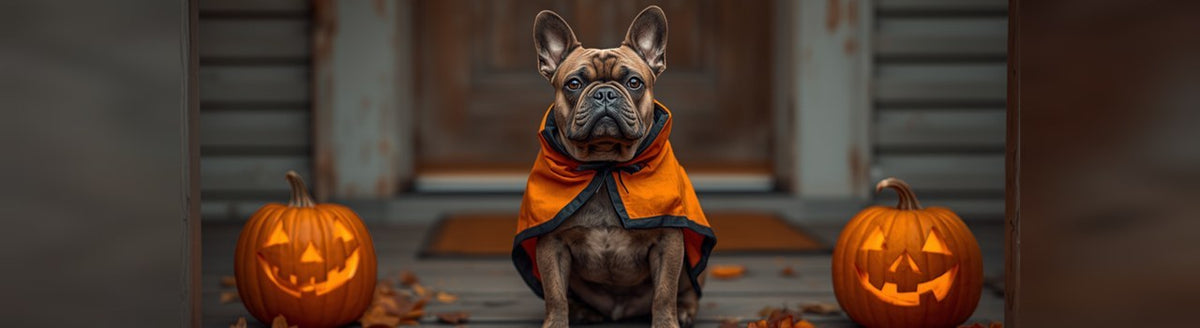 Brindle French Bulldog in an orange Halloween cape on a porch between two jack-o-lanterns