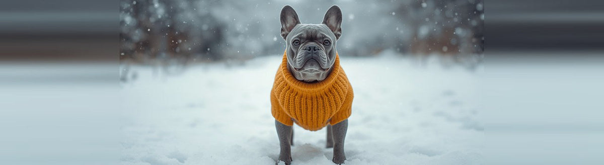 Blue French Bulldog in a mustard knit sweater standing in fresh snow
