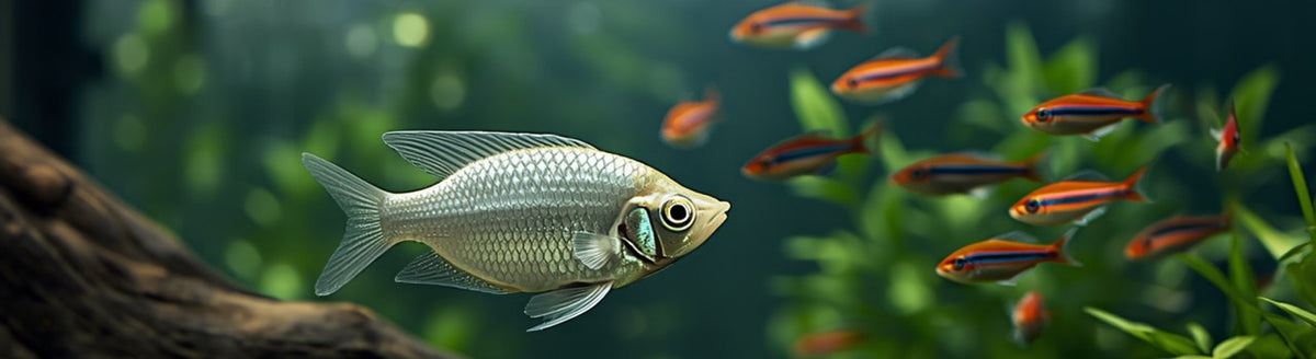 Pearl gourami and cardinal tetras swimming in a planted freshwater aquarium