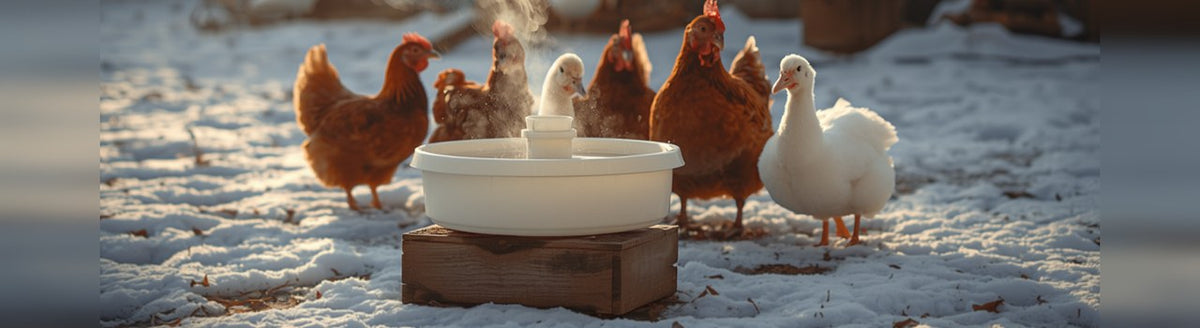 Red hens and white Pekin ducks around a poultry waterer in a snowy backyard run