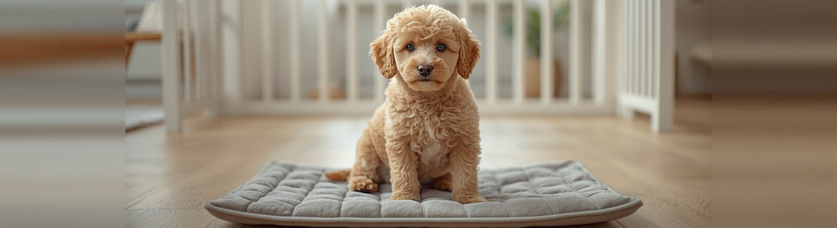 Apricot Miniature Poodle puppy sitting on a gray washable pee pad inside a white playpen