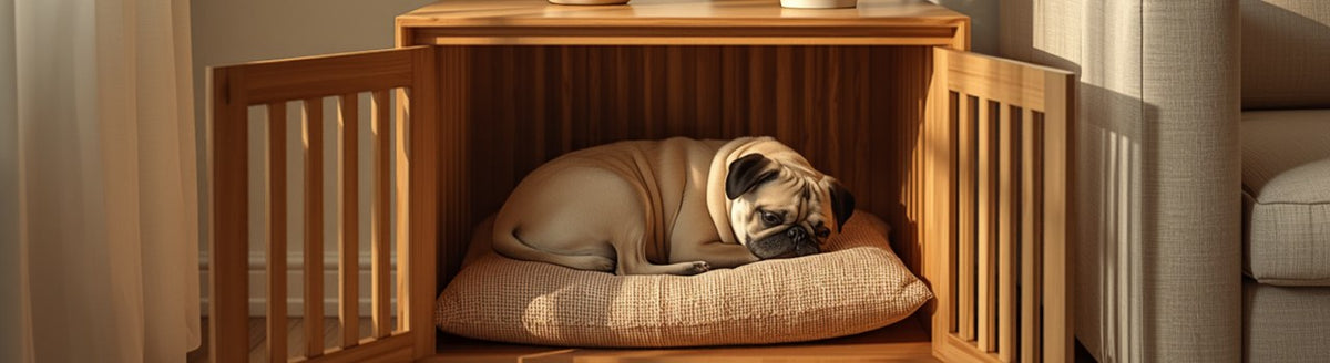 Fawn Pug sleeping on a cushion inside a wooden crate end table