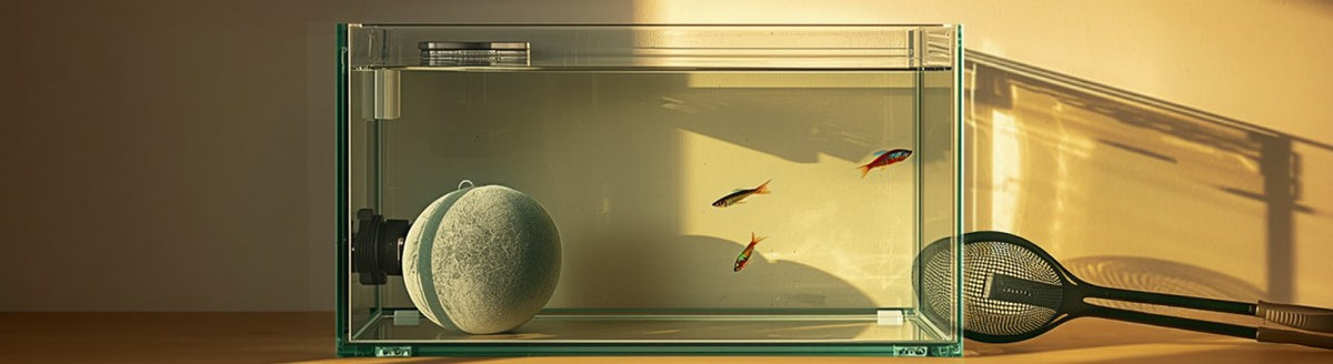 Bare quarantine aquarium with a sponge filter and new tetras on a sunlit wooden shelf