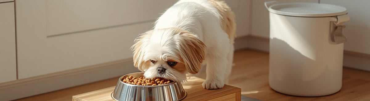 Shih Tzu eating from a stainless bowl on a wooden stand beside a lidded food storage bin