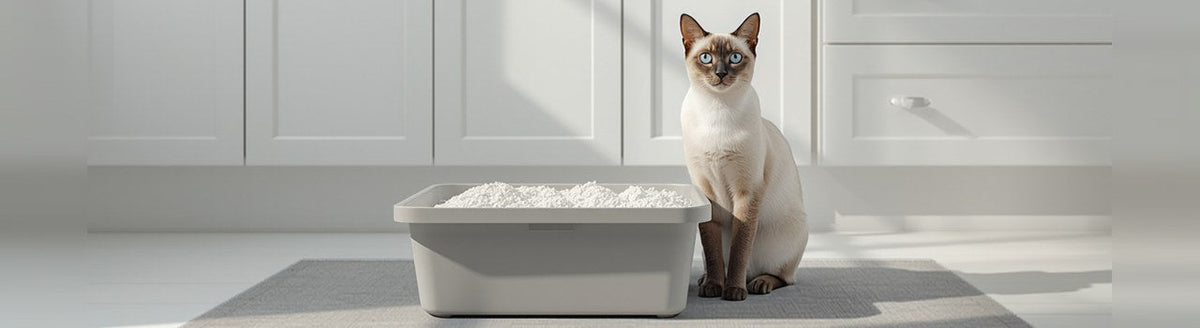 Siamese cat sitting beside a large open litter box on a gray mat in a bright laundry room