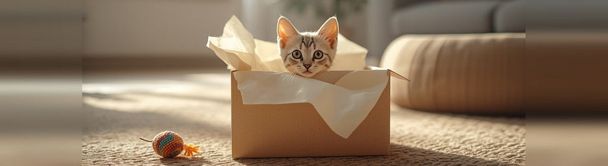 Silver tabby kitten peeking out of a kraft gift box with tissue paper on a living room rug