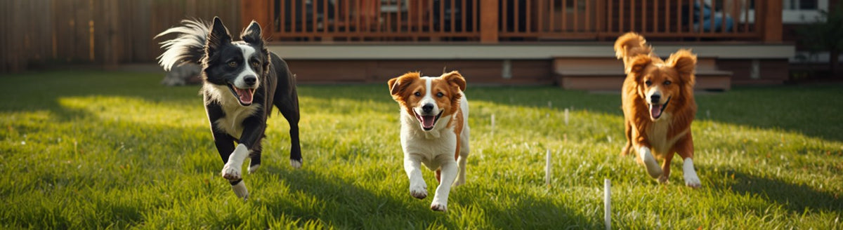 Border Collie and two smaller dogs running across a backyard lawn marked with white boundary flags