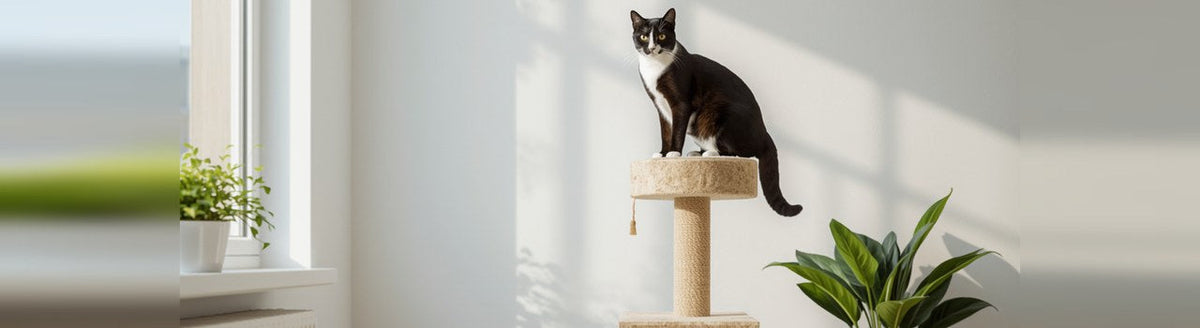 Tuxedo cat sitting on top of a small sisal cat tree in a bright apartment