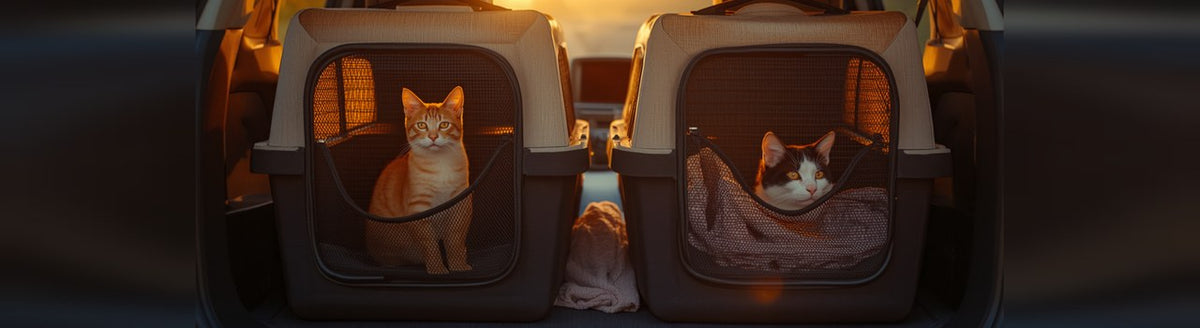 Orange tabby and calico cat each resting in their own carrier in the back of an SUV at sunset