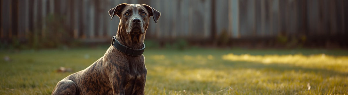 Brindle mixed-breed dog wearing a plain collar sitting on a sunlit backyard lawn