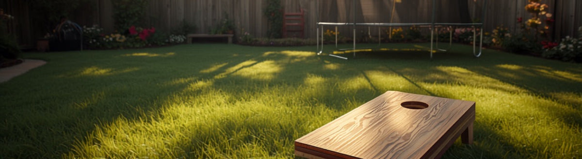 Backyard set up for a family get-together with a cornhole board and trampoline