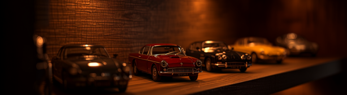 Diecast model cars on a dark wooden shelf lit by warm spotlights