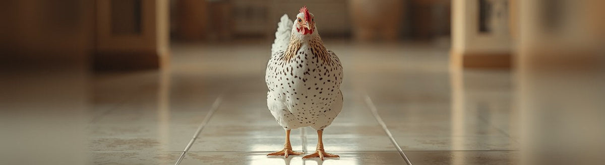 Speckled Sussex hen standing on a tiled floor indoors
