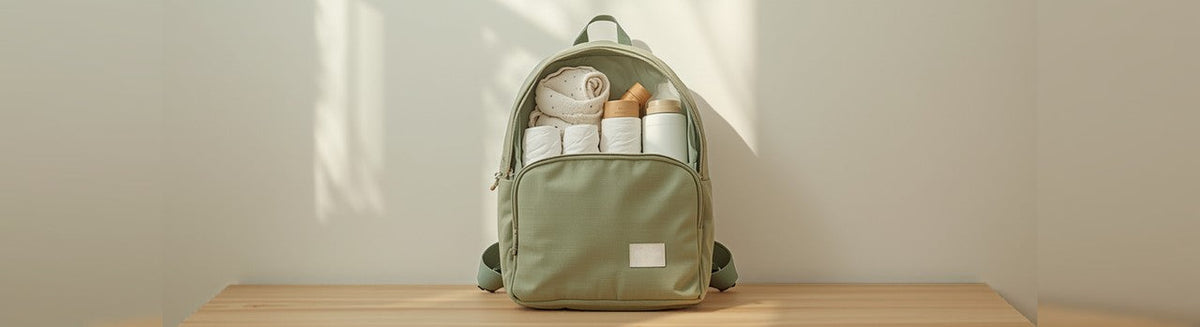 Sage green diaper backpack packed with rolled diapers and baby essentials on a wooden bench