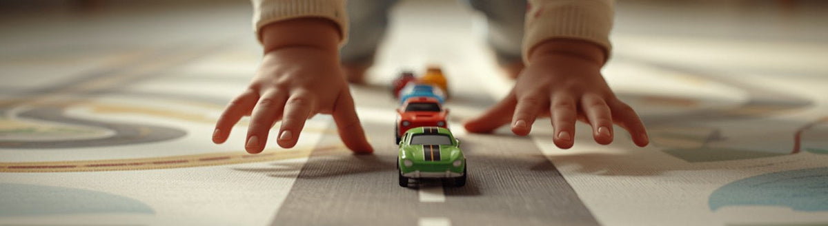Child's hands beside a row of small toy cars on a road play mat