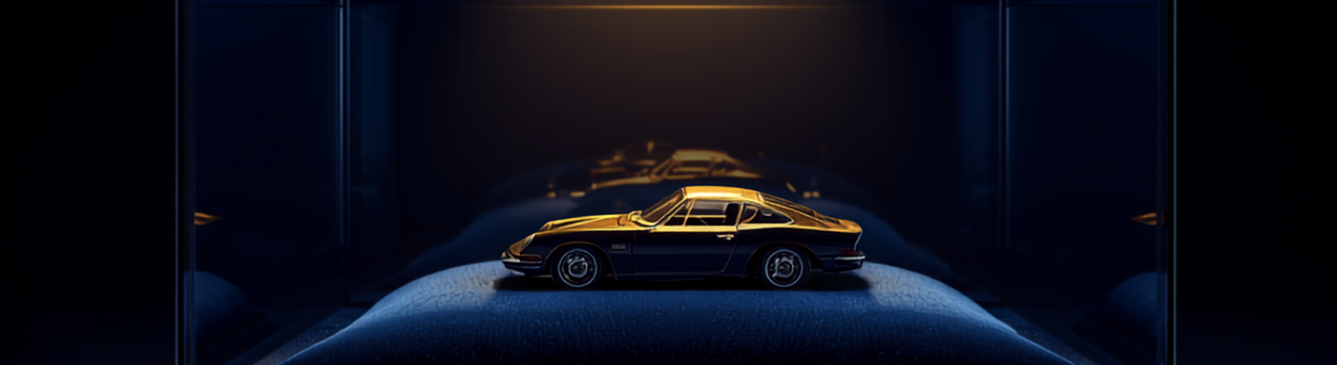 A rare diecast model car displayed on velvet inside a glass case under a single spotlight