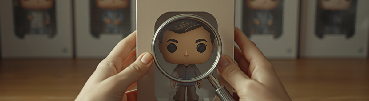 Hands holding a magnifying glass over a boxed vinyl collectible figure to check authenticity