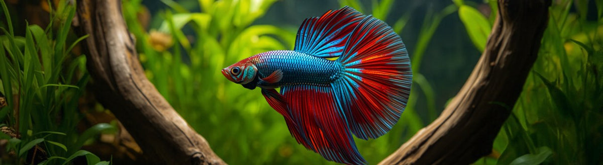 Blue and red betta fish swimming among green plants and driftwood in a planted aquarium