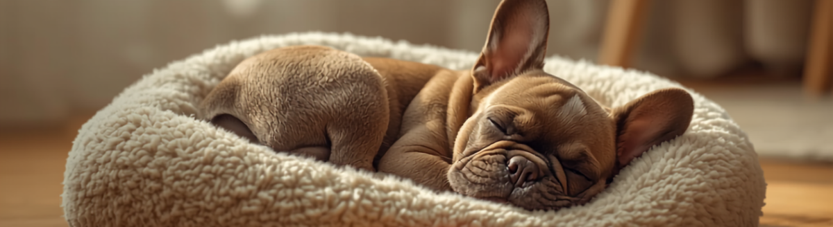 French Bulldog puppy curled up on a soft blanket at home