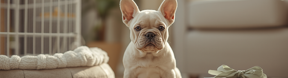 Cream French Bulldog puppy sitting on a rug next to a crate, dog bed, leash, and wrapped gift box