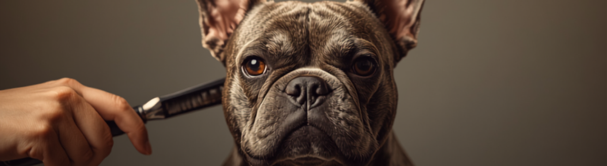 French Bulldog being gently brushed during a home grooming session