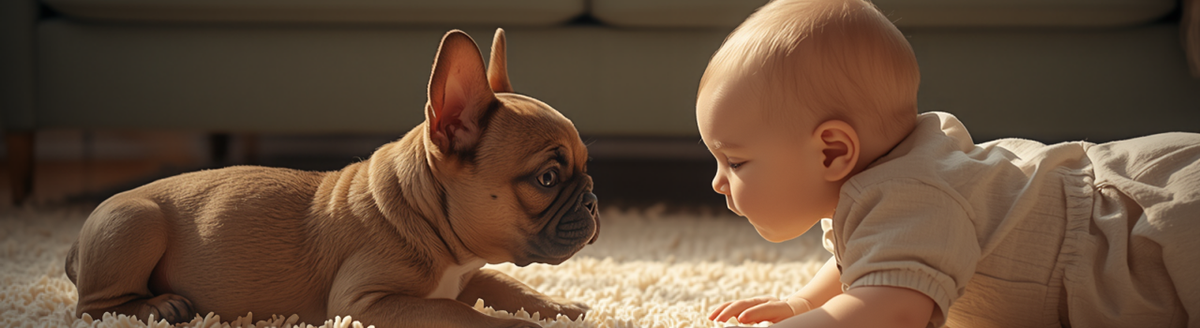 French Bulldog puppy calmly facing a crawling baby on a living room rug during a supervised first introduction