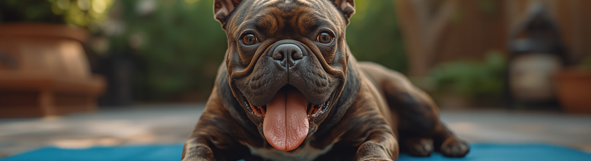 French Bulldog panting on a cooling mat in the shade