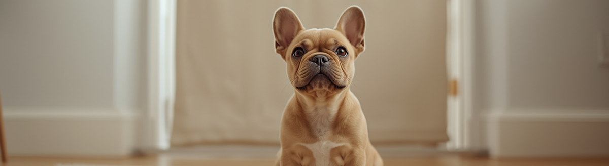 French Bulldog puppy sitting in a living room near a fabric pet safety gate