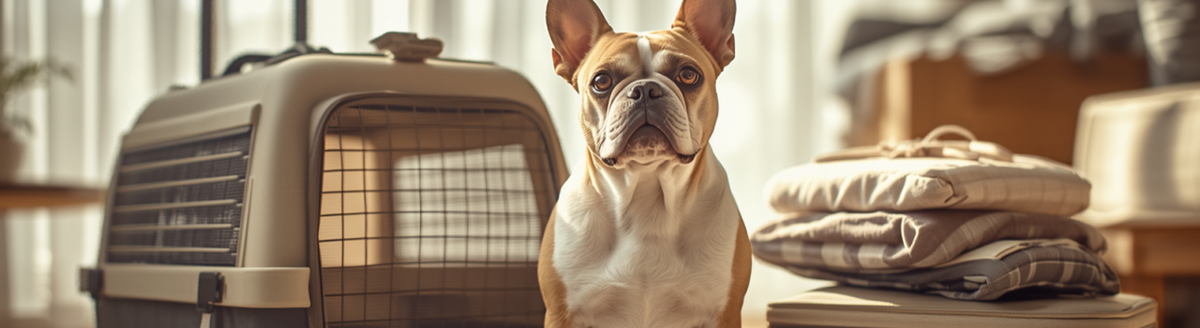 French Bulldog sitting beside a travel carrier and packed suitcase
