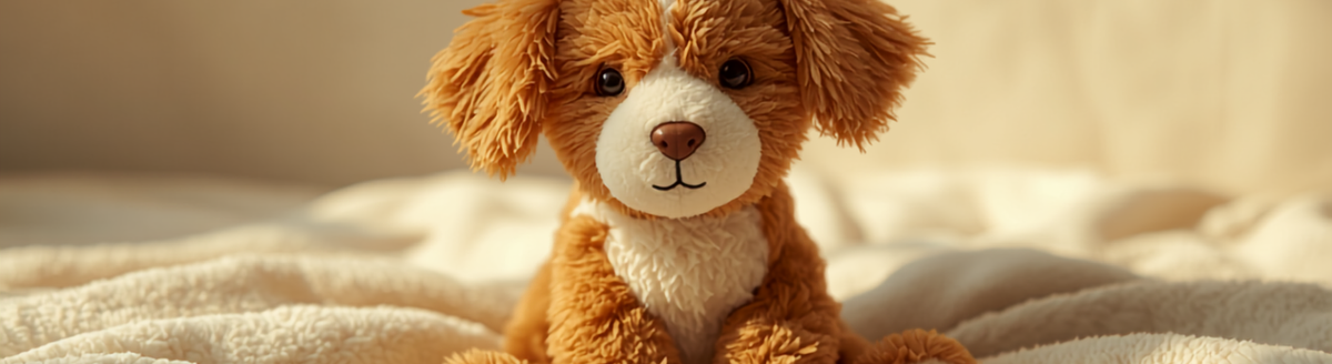 Cozy plush puppy toy sitting on a cream blanket, Big Frenchies gift guide banner