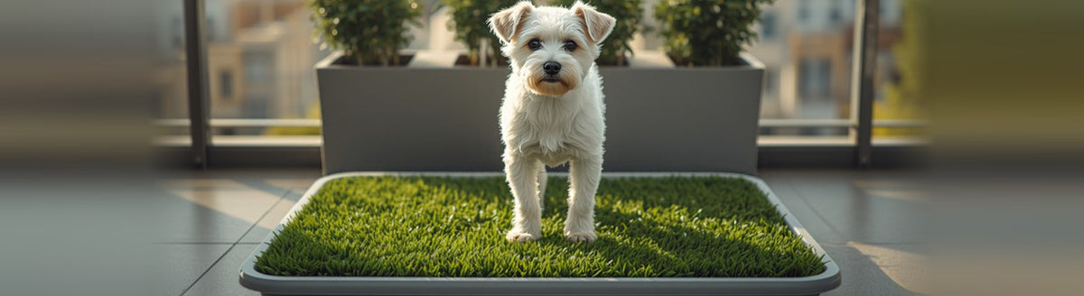Small white mixed-breed dog standing on a grass pad with a tray on a sunny apartment balcony