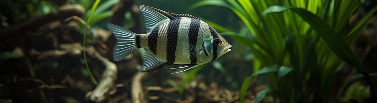 Banded angelfish swimming past driftwood and green plants in a planted freshwater aquarium
