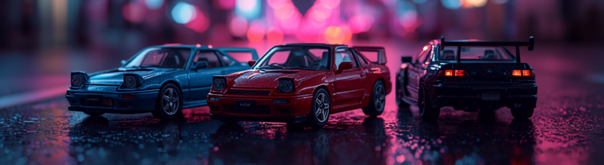 Three JDM sports car diecast models on wet asphalt with neon night city lights in the background