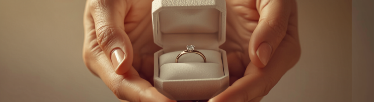 Hands presenting an open jewelry gift box with a ring inside