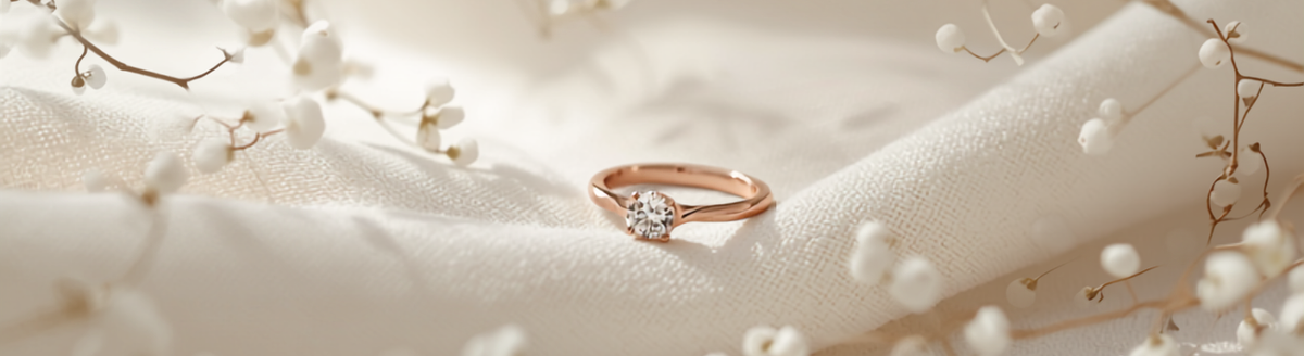 A rose gold diamond ring resting on white fabric with baby's breath flowers