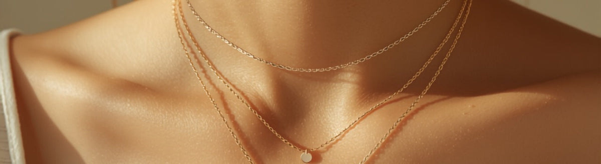 Layered necklaces in silver, gold, and rose gold at three different lengths on a collarbone